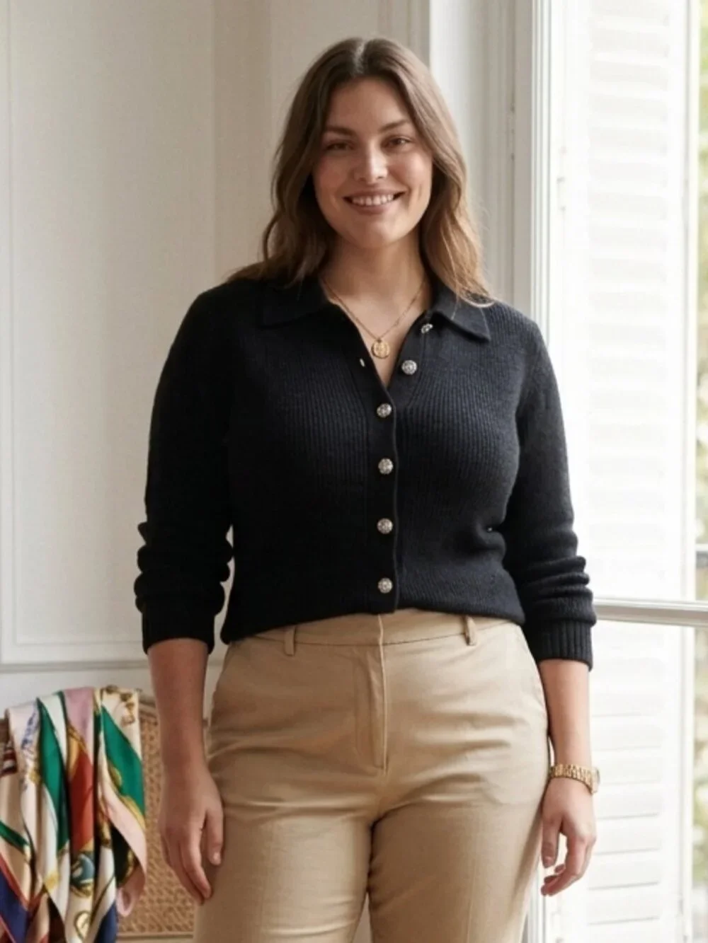 J.Crew Milano Stitch Sweater XL Black Collared Button Front Cinched Waist Luxury